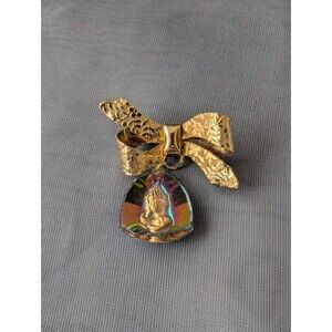 Vintage Gold Tone Bow Brooch Praying Hands Iridescent Glass Charm